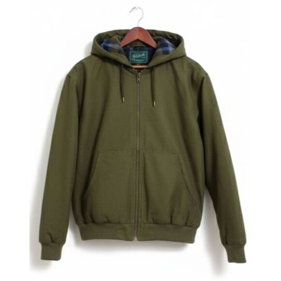 Woolrich men medium green blanket line canvas bomber jacket hoodie tough strong